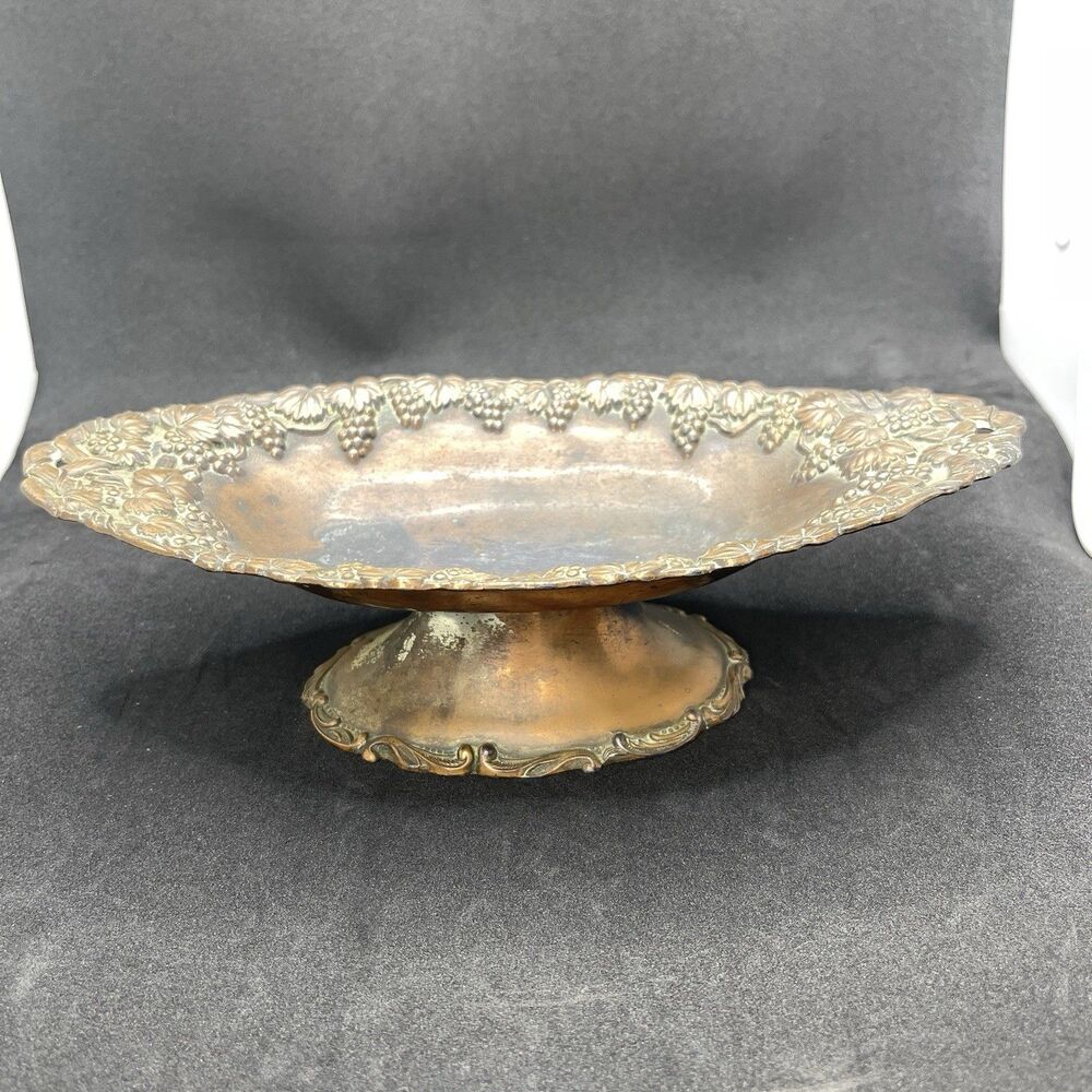 Vtg Atq Copper Plated Ornate Grape Pattern Footed Display Bowl Patina Tarnished